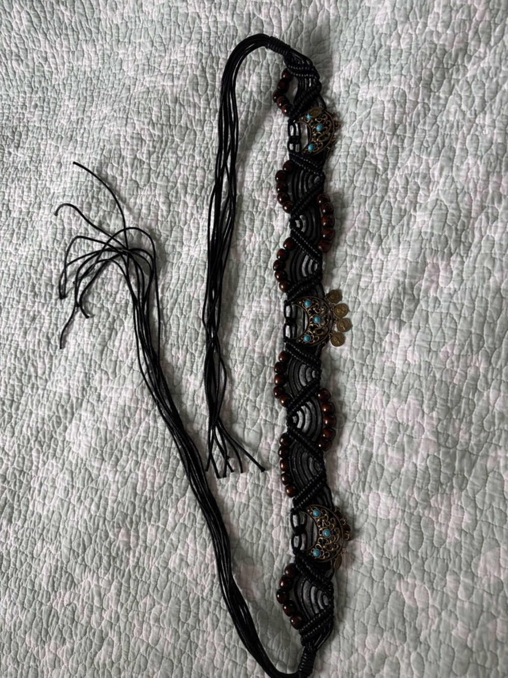 Bohemian Black Macramé Waist Belt with Brown Beads